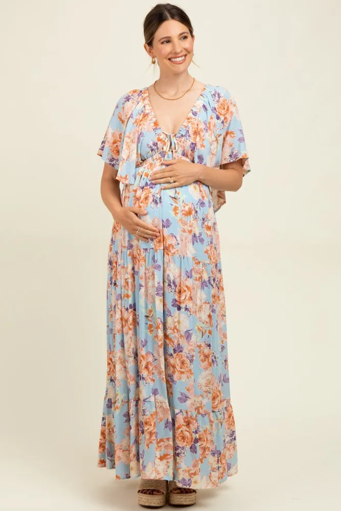 Light Blue Floral Flyway Sleeve V-Neck Tiered Maternity Maxi Dress sold by Pinkblush product image thumbnail 2