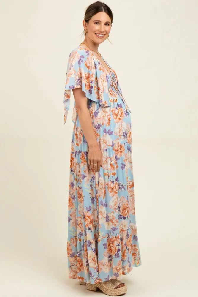 Light Blue Floral Flyway Sleeve V-Neck Tiered Maternity Maxi Dress sold by Pinkblush product image thumbnail 3