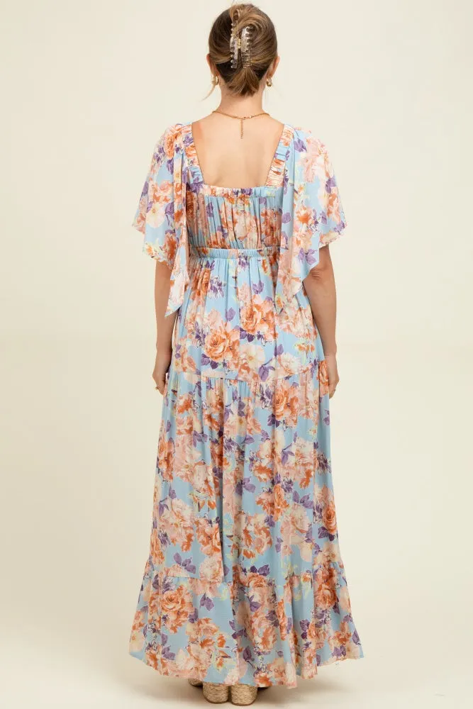 Light Blue Floral Flyway Sleeve V-Neck Tiered Maternity Maxi Dress sold by Pinkblush product image thumbnail 4