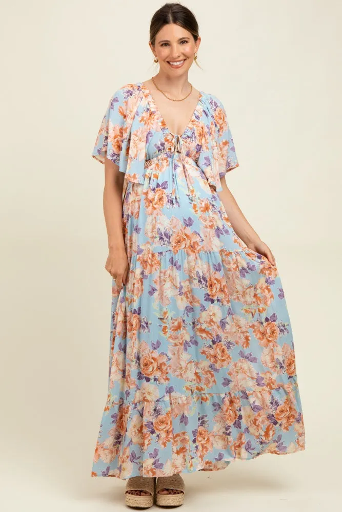 Light Blue Floral Flyway Sleeve V-Neck Tiered Maternity Maxi Dress sold by Pinkblush