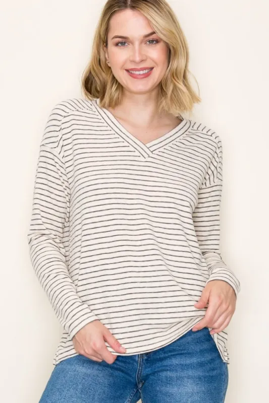 Charcoal Striped V-Neck Long Sleeve Top sold by Pinkblush