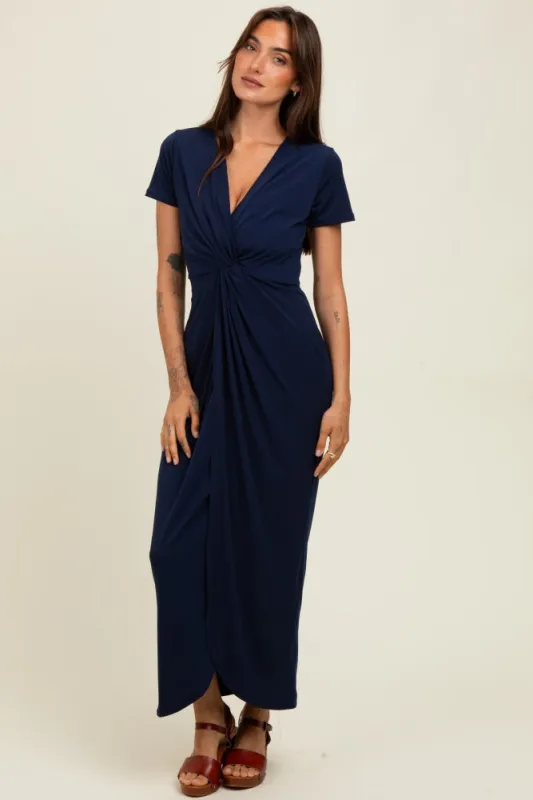 Navy Gathered Front Short Sleeve Maxi Dress sold by Pinkblush