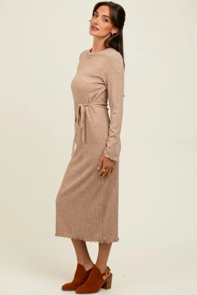 Camel Ribbed Ruffle Accent Long Sleeve Midi Dress sold by Pinkblush product image thumbnail 3