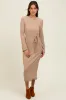 Camel Ribbed Ruffle Accent Long Sleeve Midi Dress sold by Pinkblush
