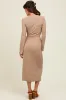 Camel Ribbed Ruffle Accent Long Sleeve Midi Dress sold by Pinkblush