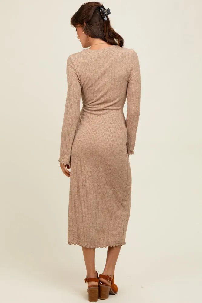 Camel Ribbed Ruffle Accent Long Sleeve Midi Dress sold by Pinkblush product image thumbnail 4