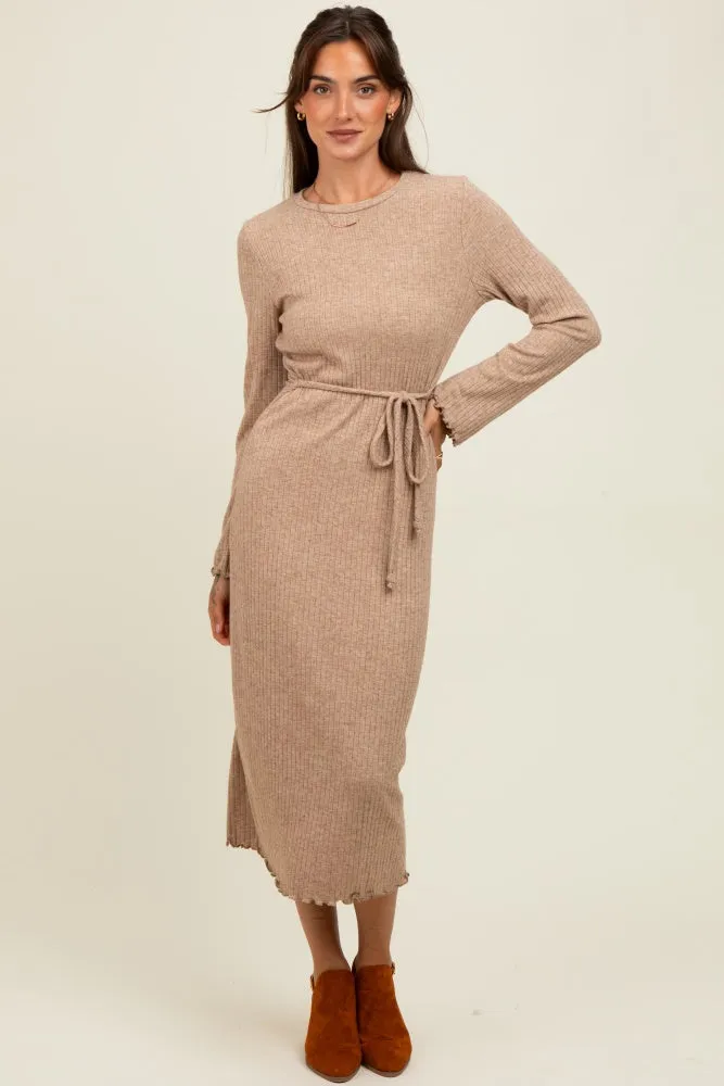 Camel Ribbed Ruffle Accent Long Sleeve Midi Dress sold by Pinkblush product image thumbnail 2