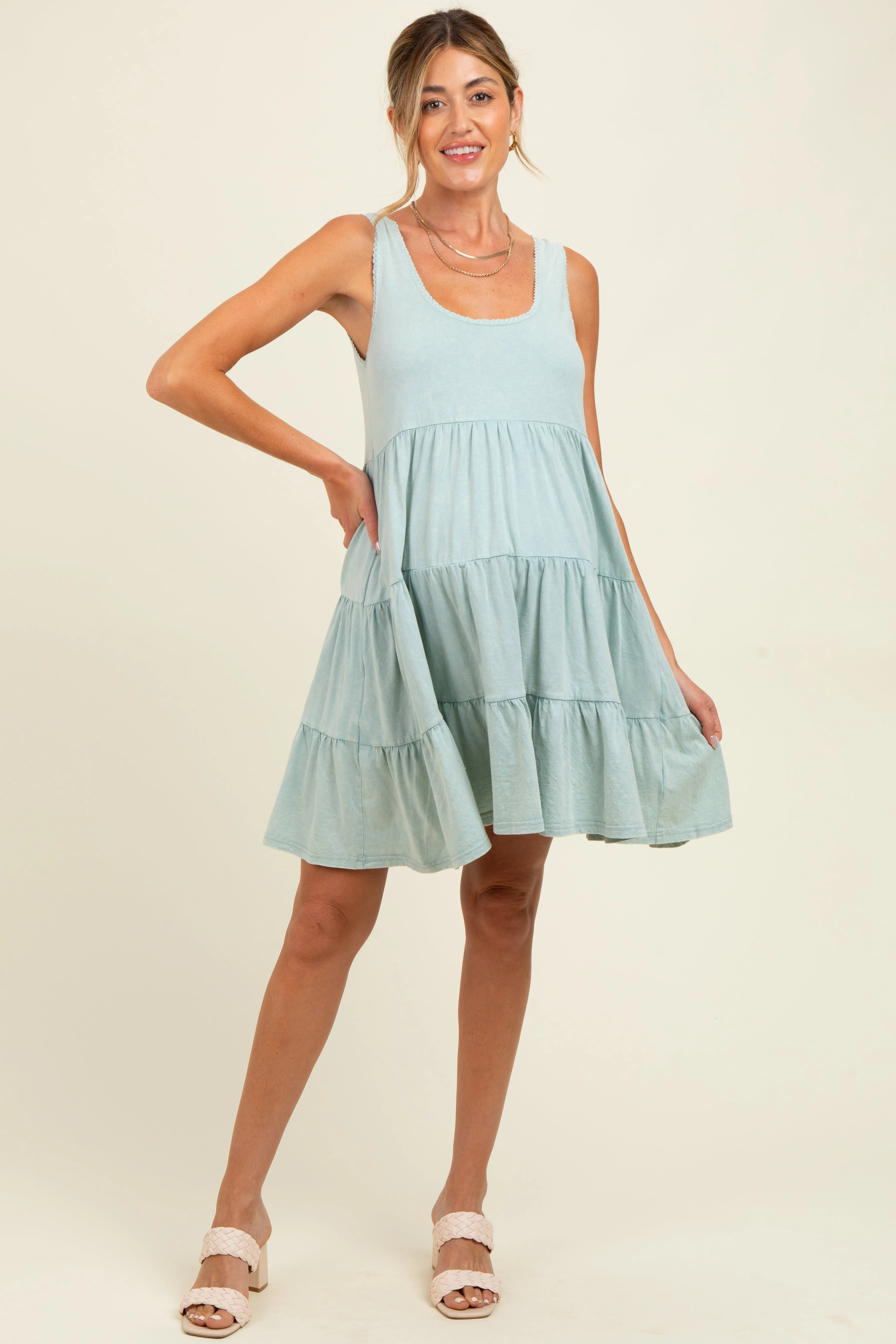 Mint Lace Trim Washed Cotton Maternity Tank Dress sold by Pinkblush