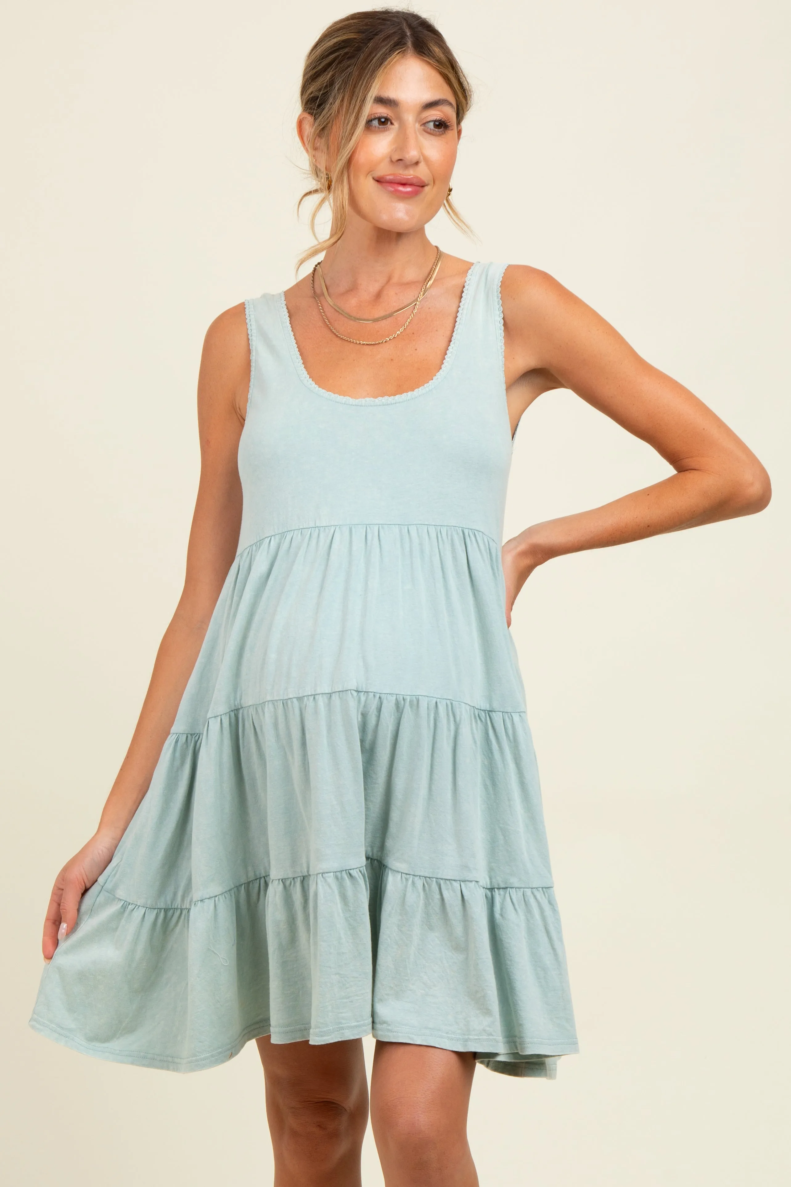 Mint Lace Trim Washed Cotton Maternity Tank Dress sold by Pinkblush product image thumbnail 2