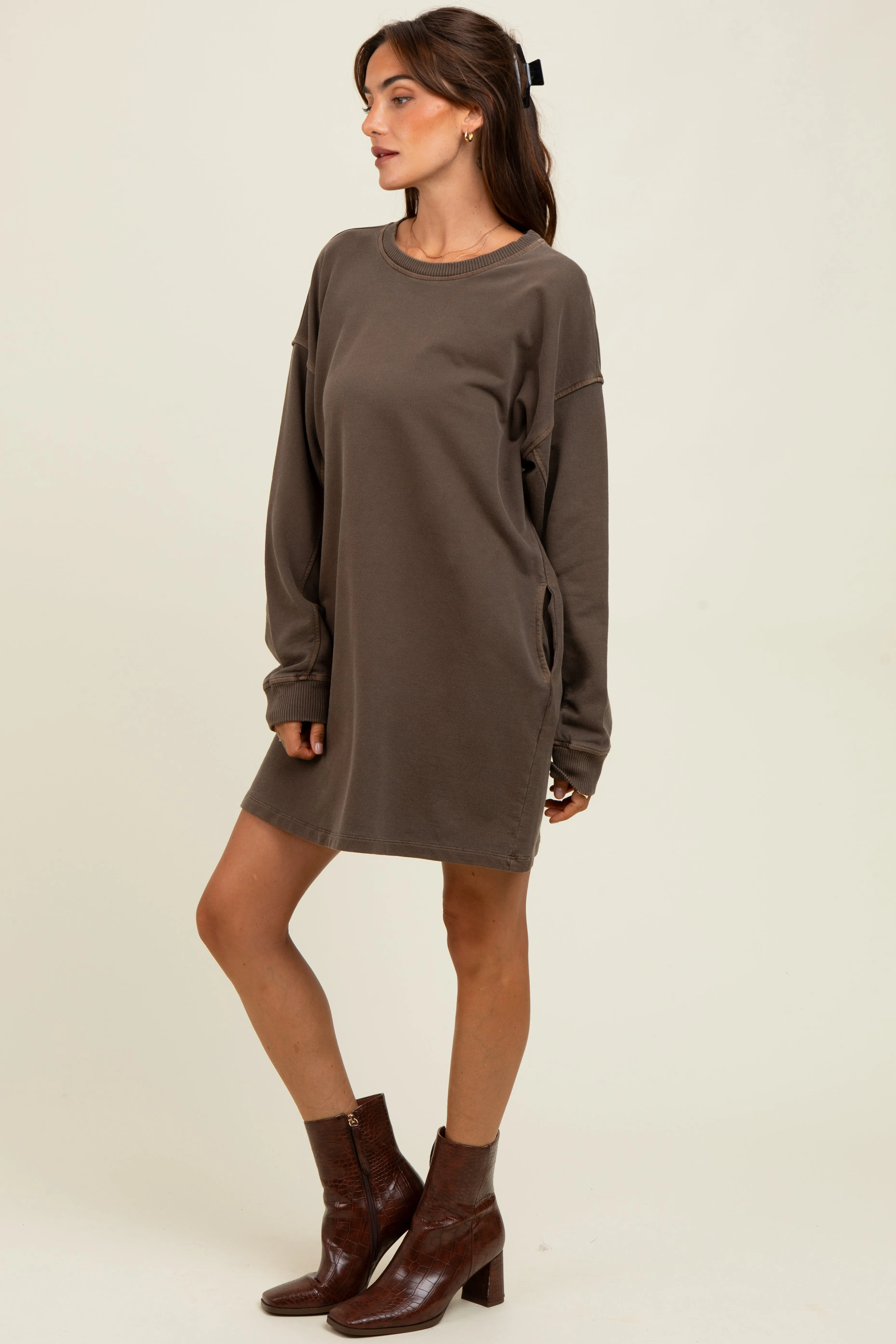 Brown Oversized Long Sleeve T-Shirt Dress sold by Pinkblush product image thumbnail 3
