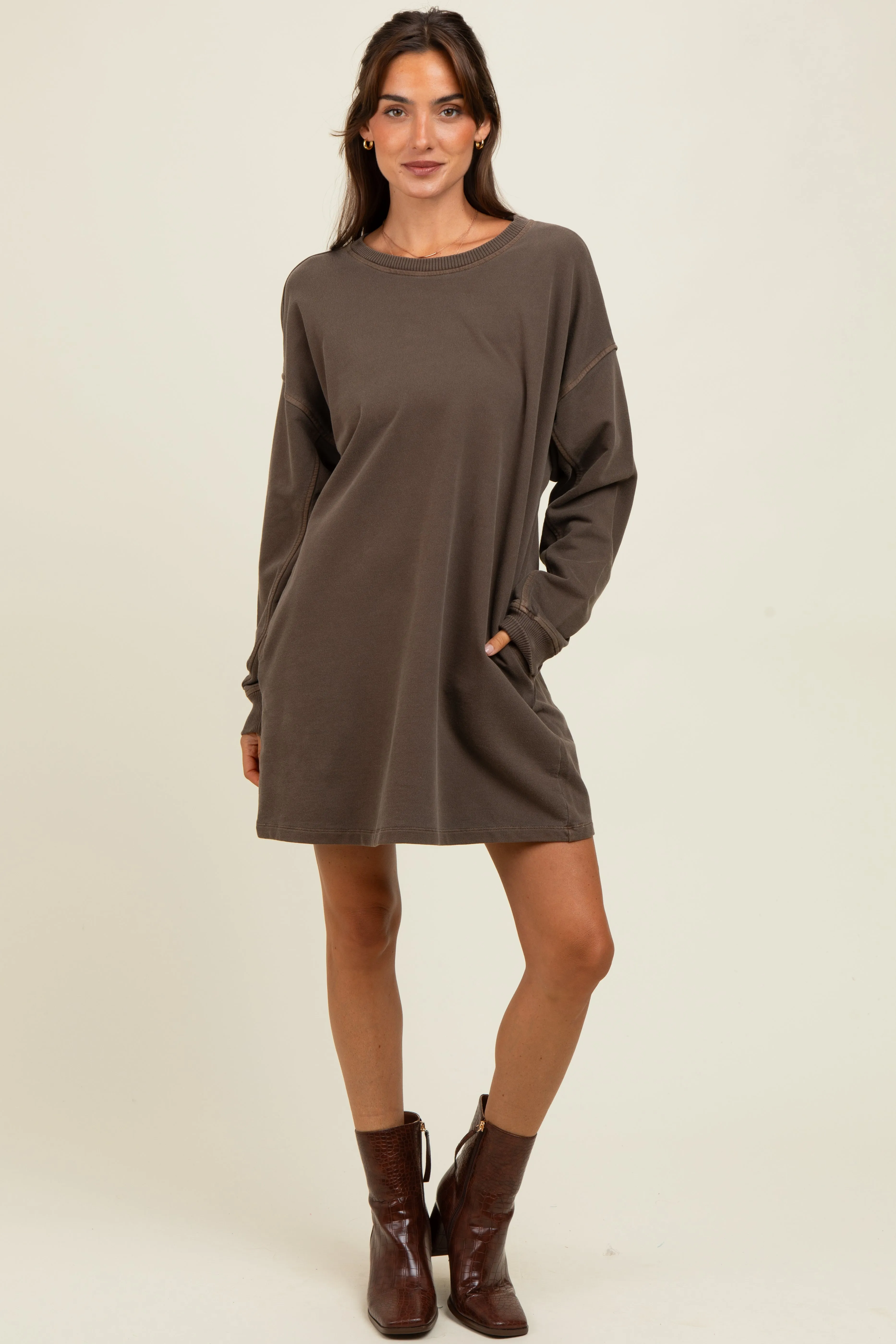 Brown Oversized Long Sleeve T-Shirt Dress sold by Pinkblush