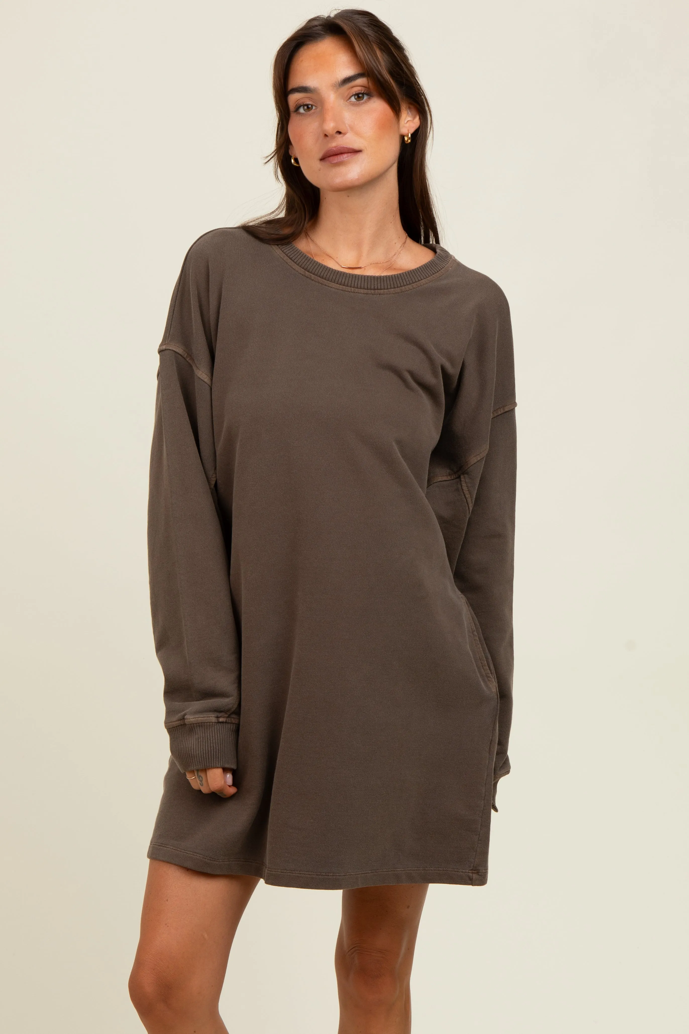 Brown Oversized Long Sleeve T-Shirt Dress sold by Pinkblush product image thumbnail 2