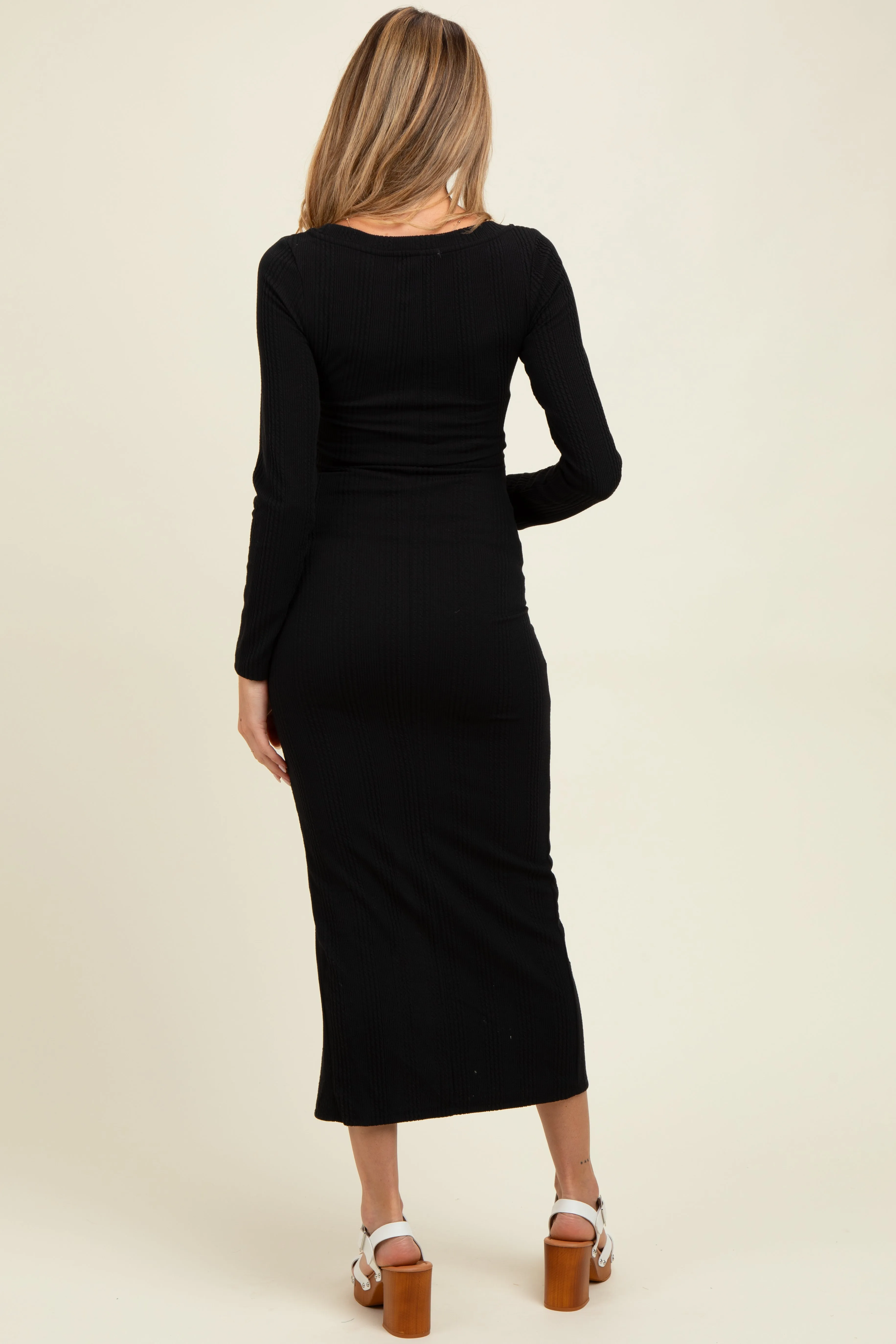 Black Scoop Neck Long Sleeve Front Slit Maternity Maxi Dress sold by Pinkblush product image thumbnail 3