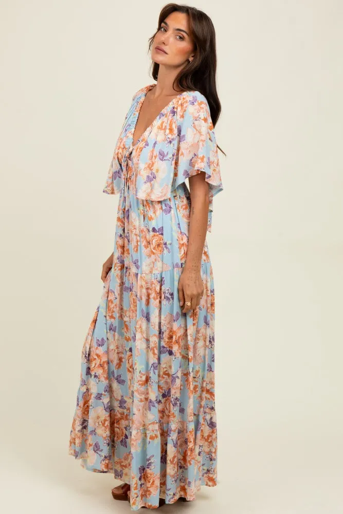 Light Blue Floral Flyway Sleeve V-Neck Tiered Maxi Dress sold by Pinkblush product image thumbnail 3
