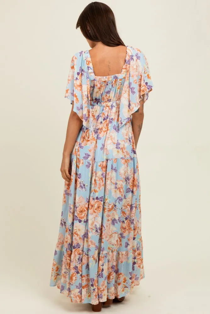 Light Blue Floral Flyway Sleeve V-Neck Tiered Maxi Dress sold by Pinkblush product image thumbnail 4