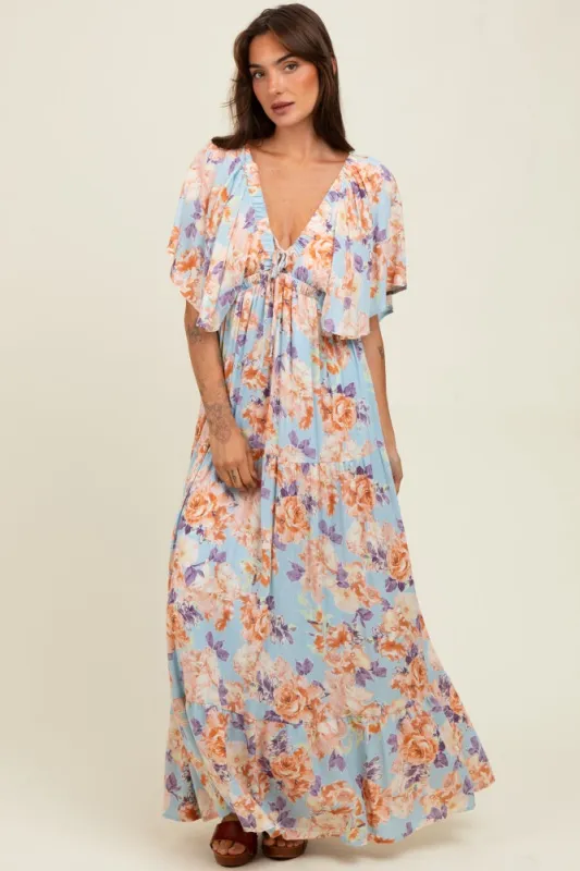 Light Blue Floral Flyway Sleeve V-Neck Tiered Maxi Dress sold by Pinkblush
