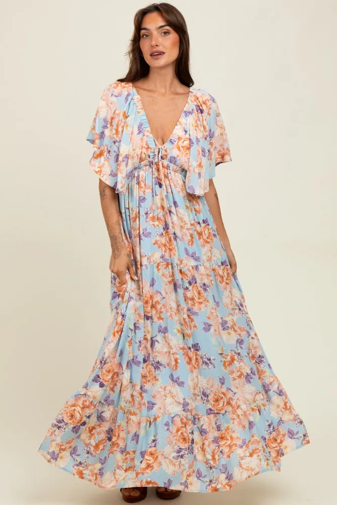 Light Blue Floral Flyway Sleeve V-Neck Tiered Maxi Dress sold by Pinkblush product image thumbnail 2