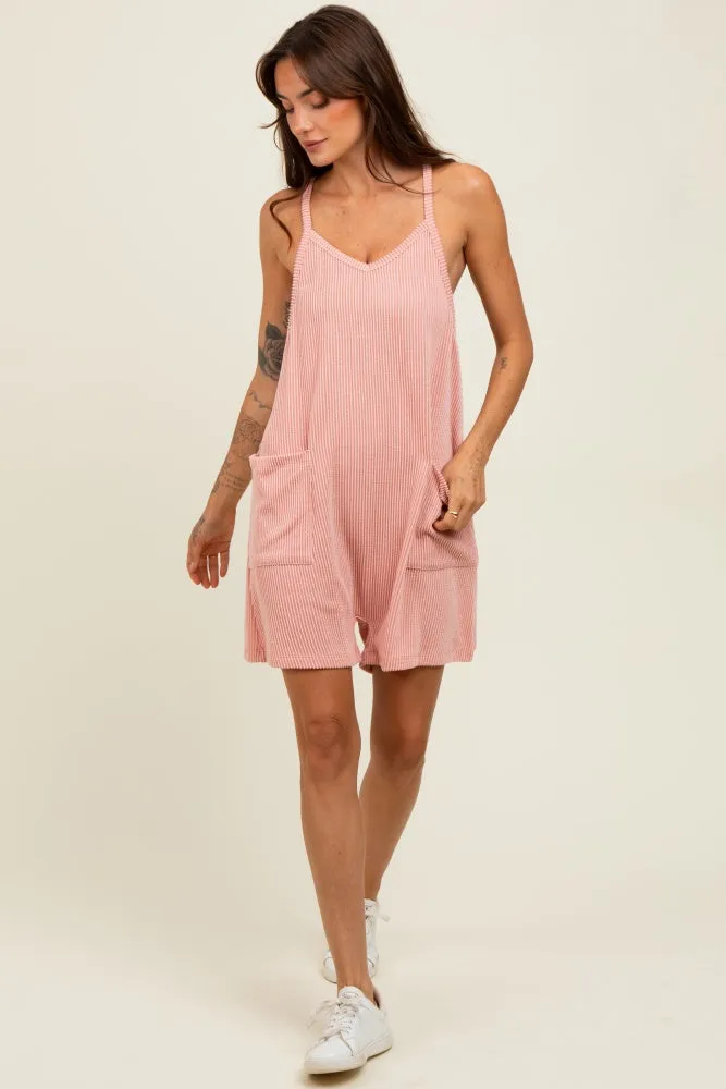 Mauve Solid Ribbed V-Neck Sleeveless Front Pocket Romper sold by Pinkblush