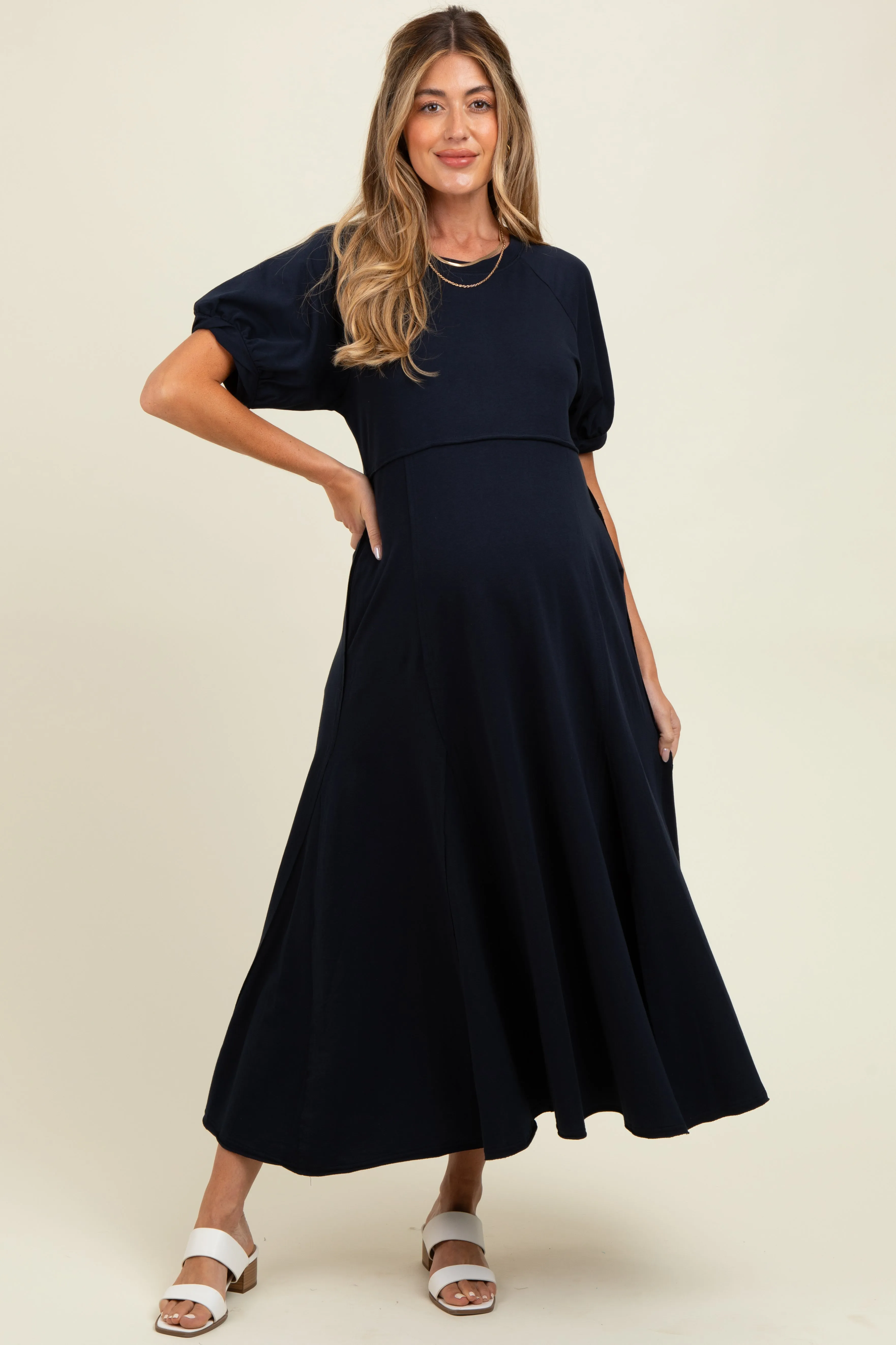Navy Cotton Pocketed Maternity Midi Dress sold by Pinkblush product image thumbnail 2