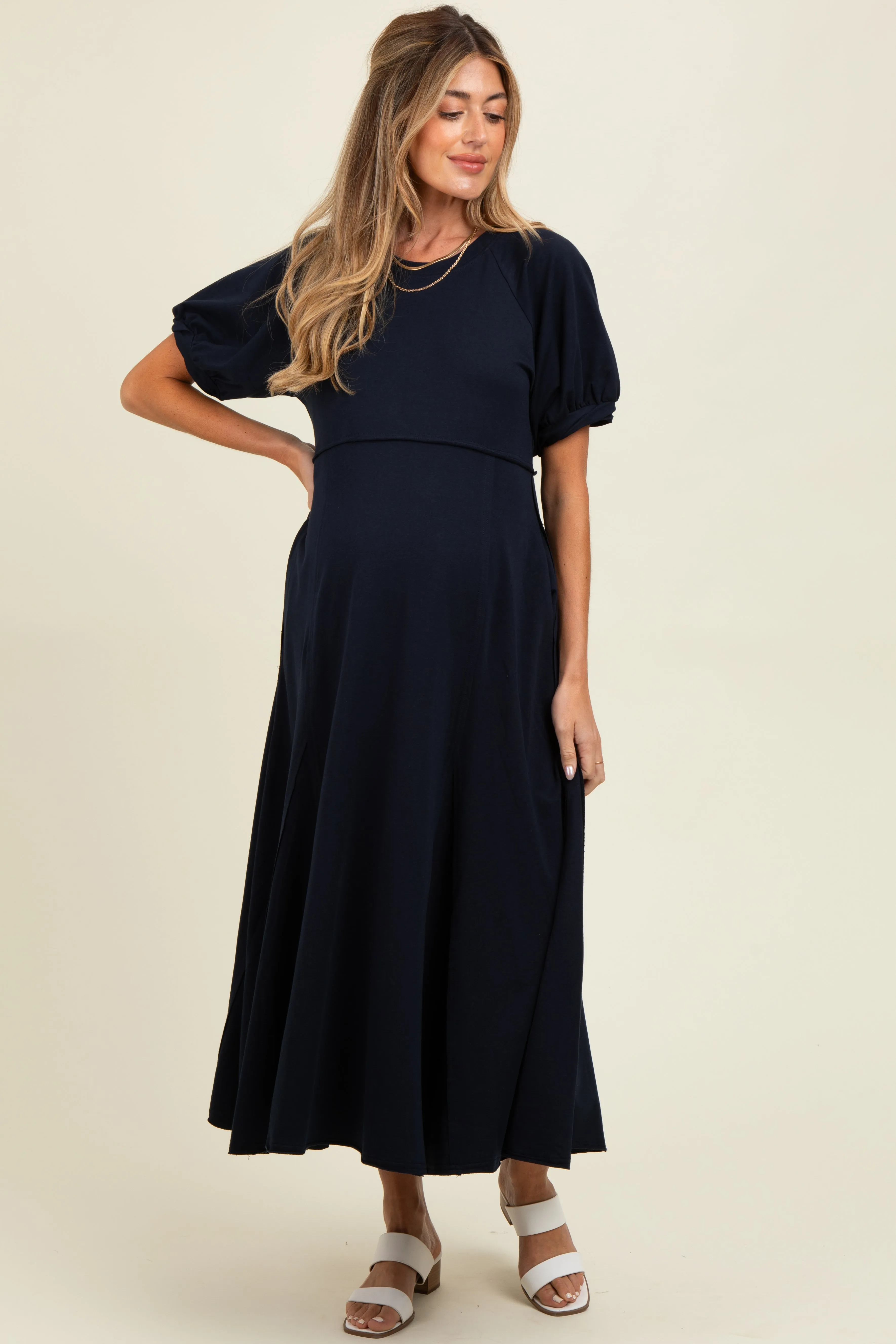 Navy Cotton Pocketed Maternity Midi Dress sold by Pinkblush