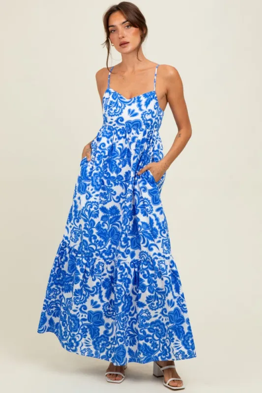 Blue Floral Flowy Ruffle Hem Maxi Dress sold by Pinkblush