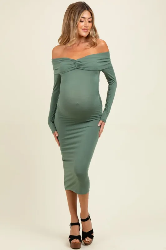 Sage Ruched Off Shoulder Maternity Dress sold by Pinkblush