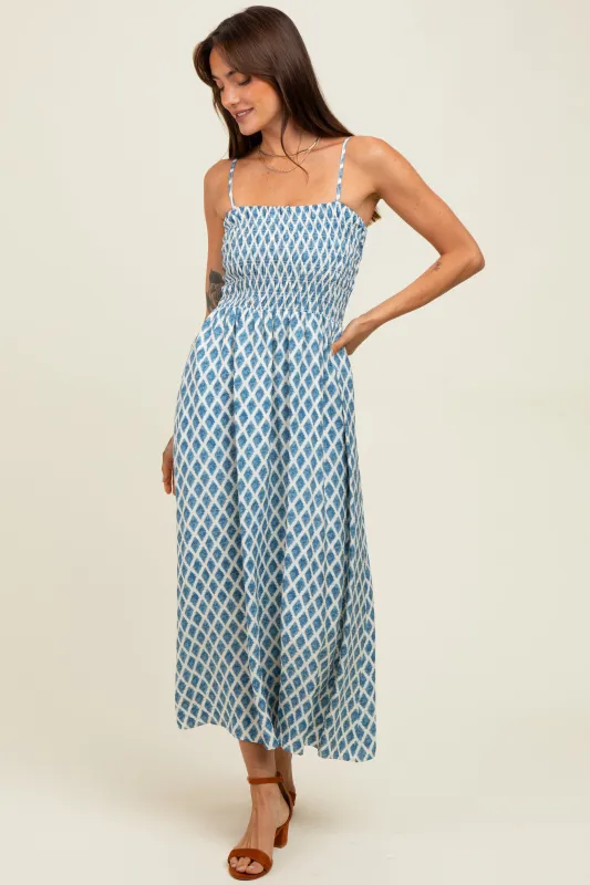 Blue Diamond Print Smocked Midi Dress sold by Pinkblush