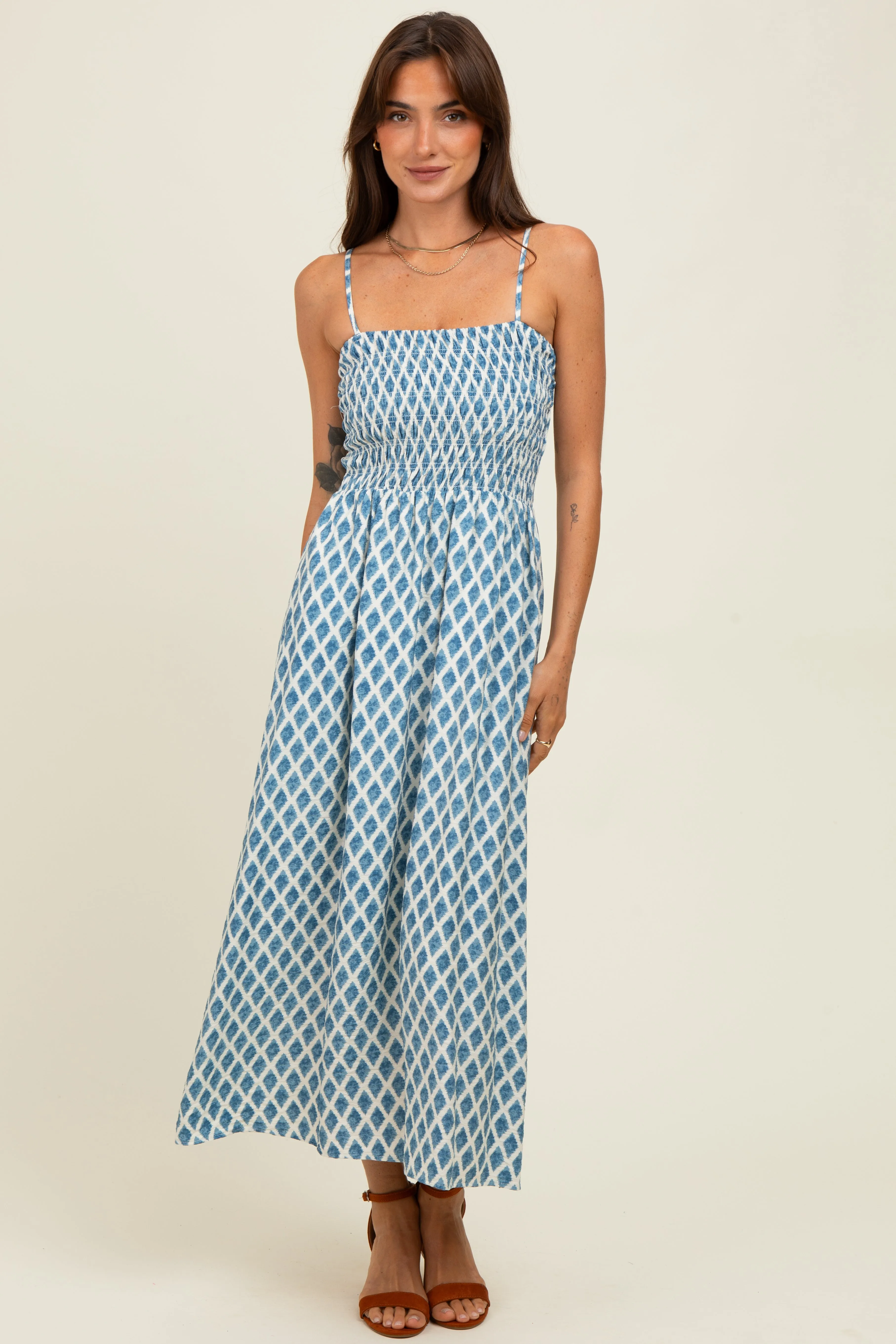 Blue Diamond Print Smocked Midi Dress sold by Pinkblush product image thumbnail 2