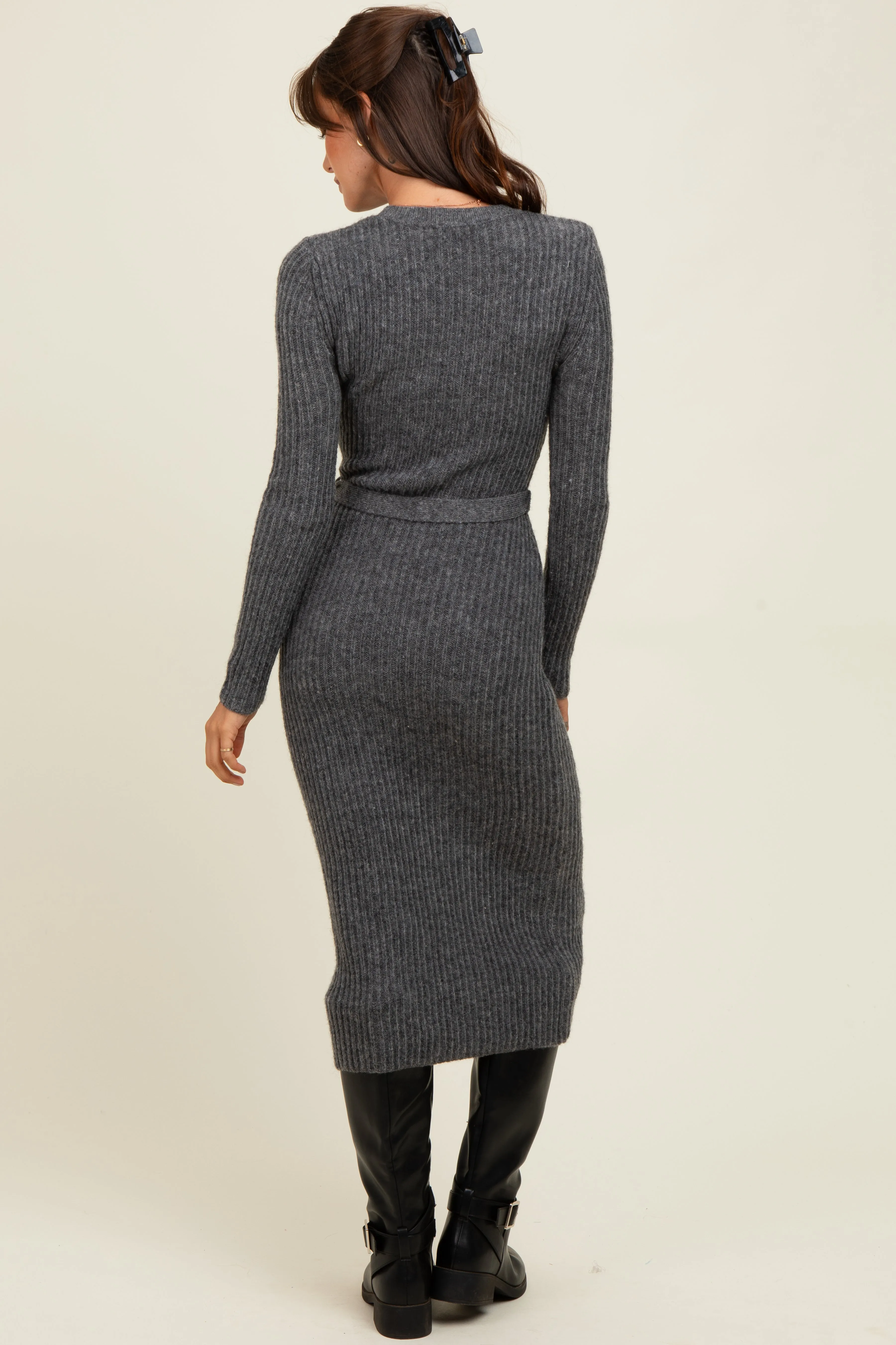 Charcoal Ribbed Tie Waist Sweater Dress sold by Pinkblush product image thumbnail 4