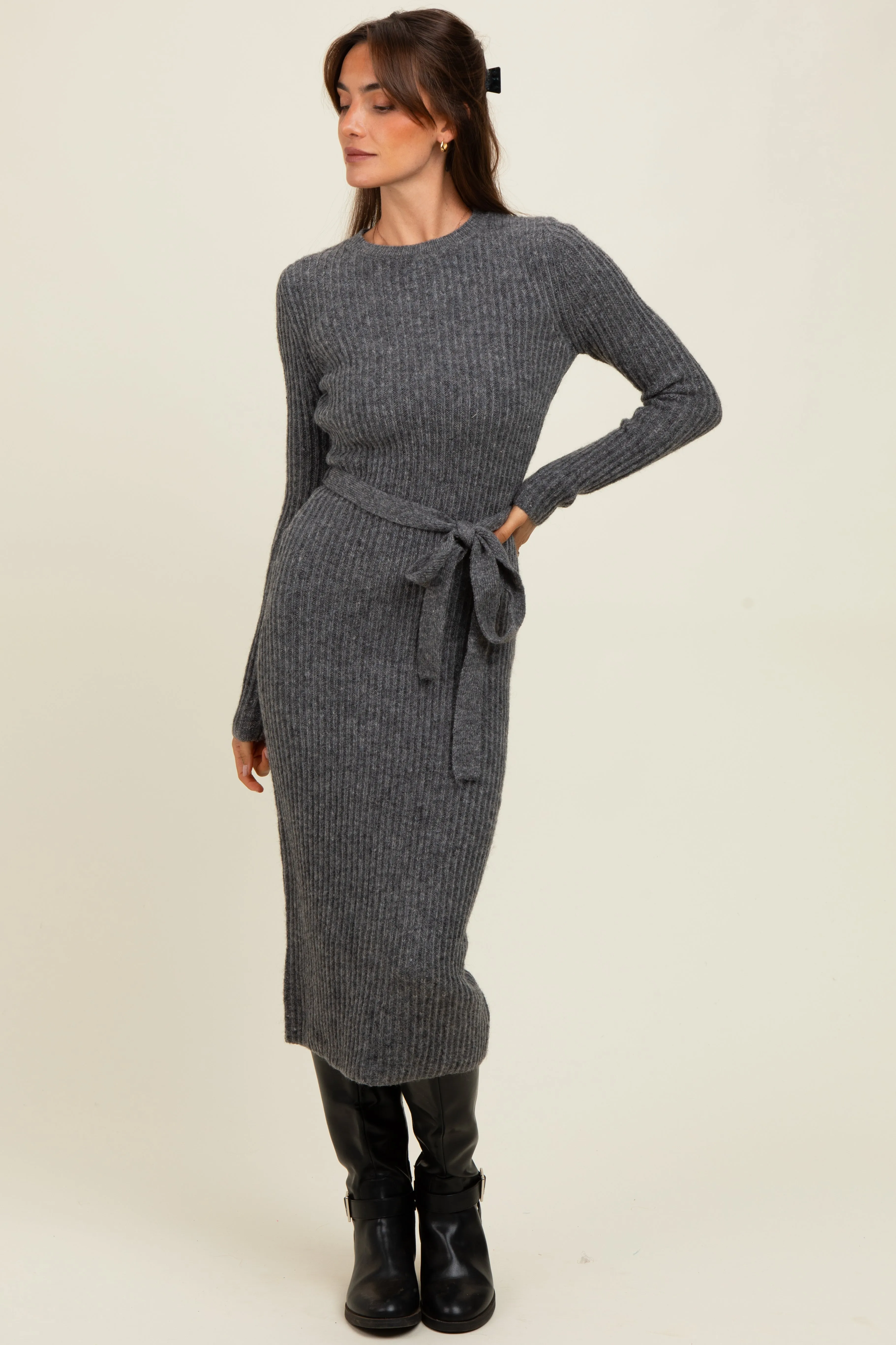 Charcoal Ribbed Tie Waist Sweater Dress sold by Pinkblush
