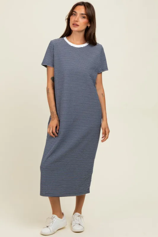 Navy Striped Short Sleeve Midi T-Shirt Dress sold by Pinkblush