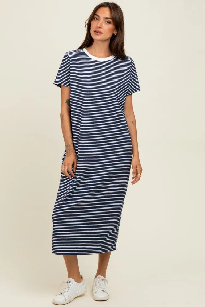 Navy Striped Short Sleeve Midi T-Shirt Dress sold by Pinkblush