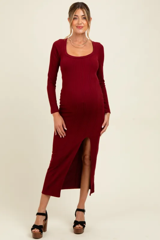 Burgundy Scoop Neck Long Sleeve Front Slit Maternity Maxi Dress sold by Pinkblush