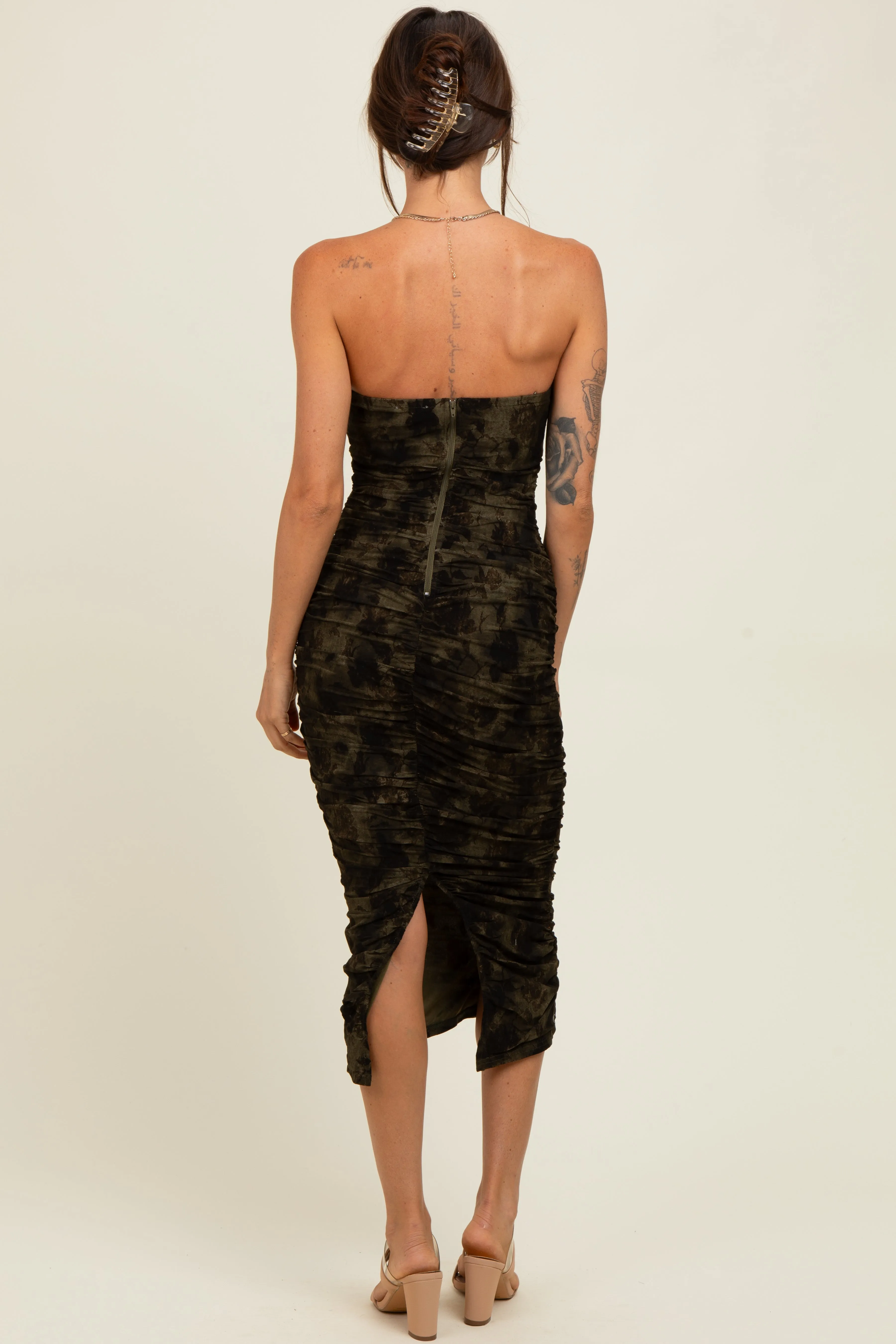 Olive Mesh Velvet Strapless Ruched Midi Dress sold by Pinkblush product image thumbnail 4
