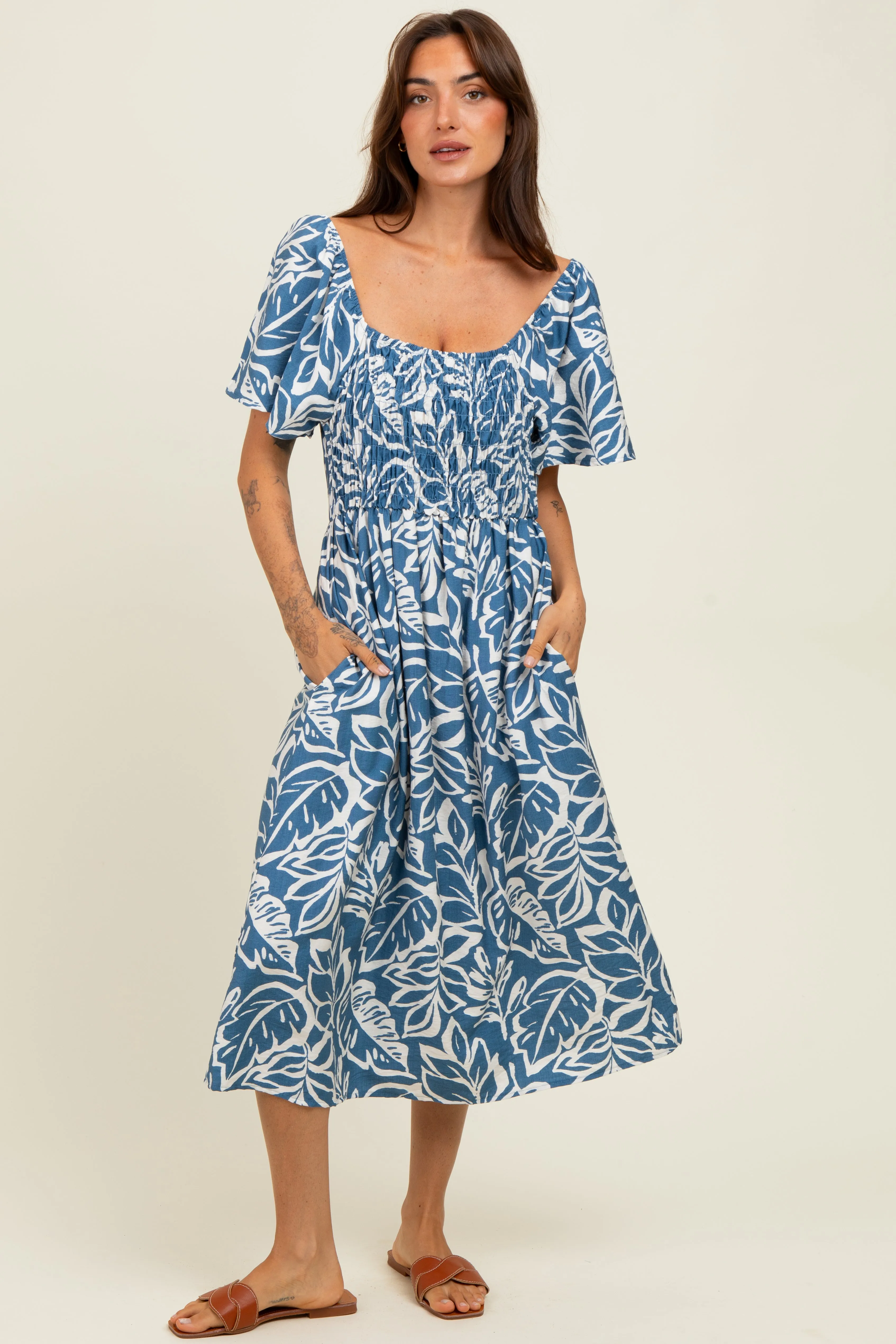 Light Navy Leaf Print Maternity Midi Dress sold by Pinkblush product image thumbnail 2