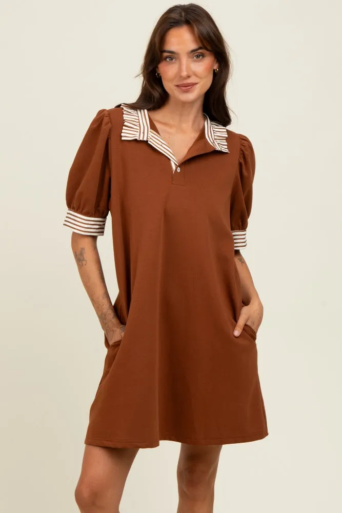 Mocha Mock Neck Contrast Striped Trim Mini Dress sold by Pinkblush product image thumbnail 2