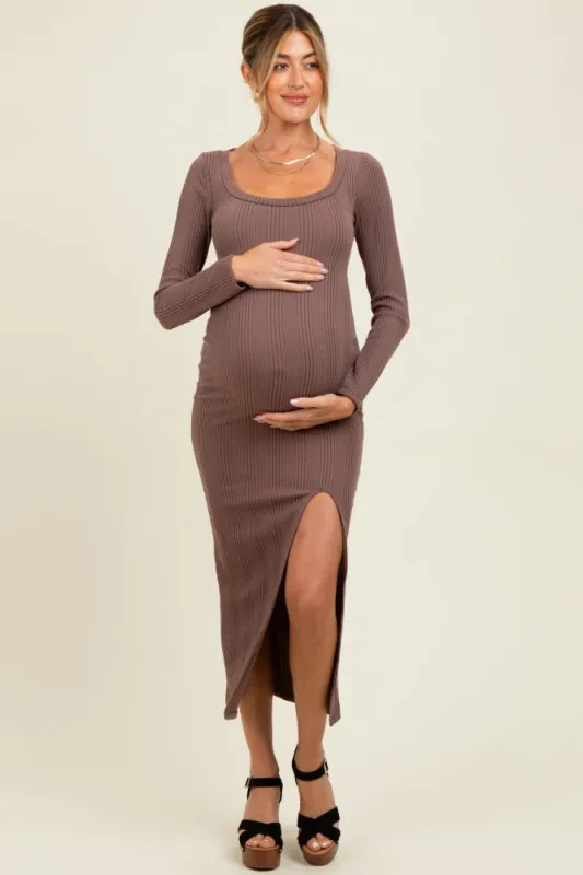 Brown Scoop Neck Long Sleeve Front Slit Maternity Maxi Dress sold by Pinkblush