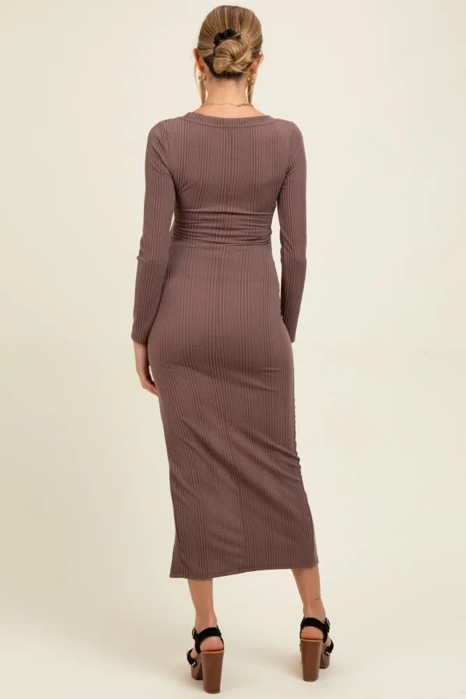 Brown Scoop Neck Long Sleeve Front Slit Maternity Maxi Dress sold by Pinkblush product image thumbnail 4