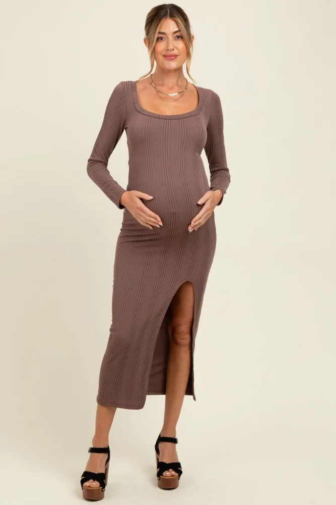 Brown Scoop Neck Long Sleeve Front Slit Maternity Maxi Dress sold by Pinkblush product image thumbnail 2
