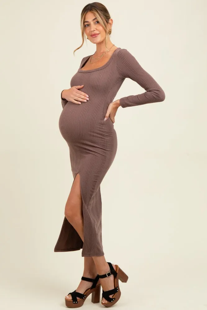 Brown Scoop Neck Long Sleeve Front Slit Maternity Maxi Dress sold by Pinkblush product image thumbnail 3