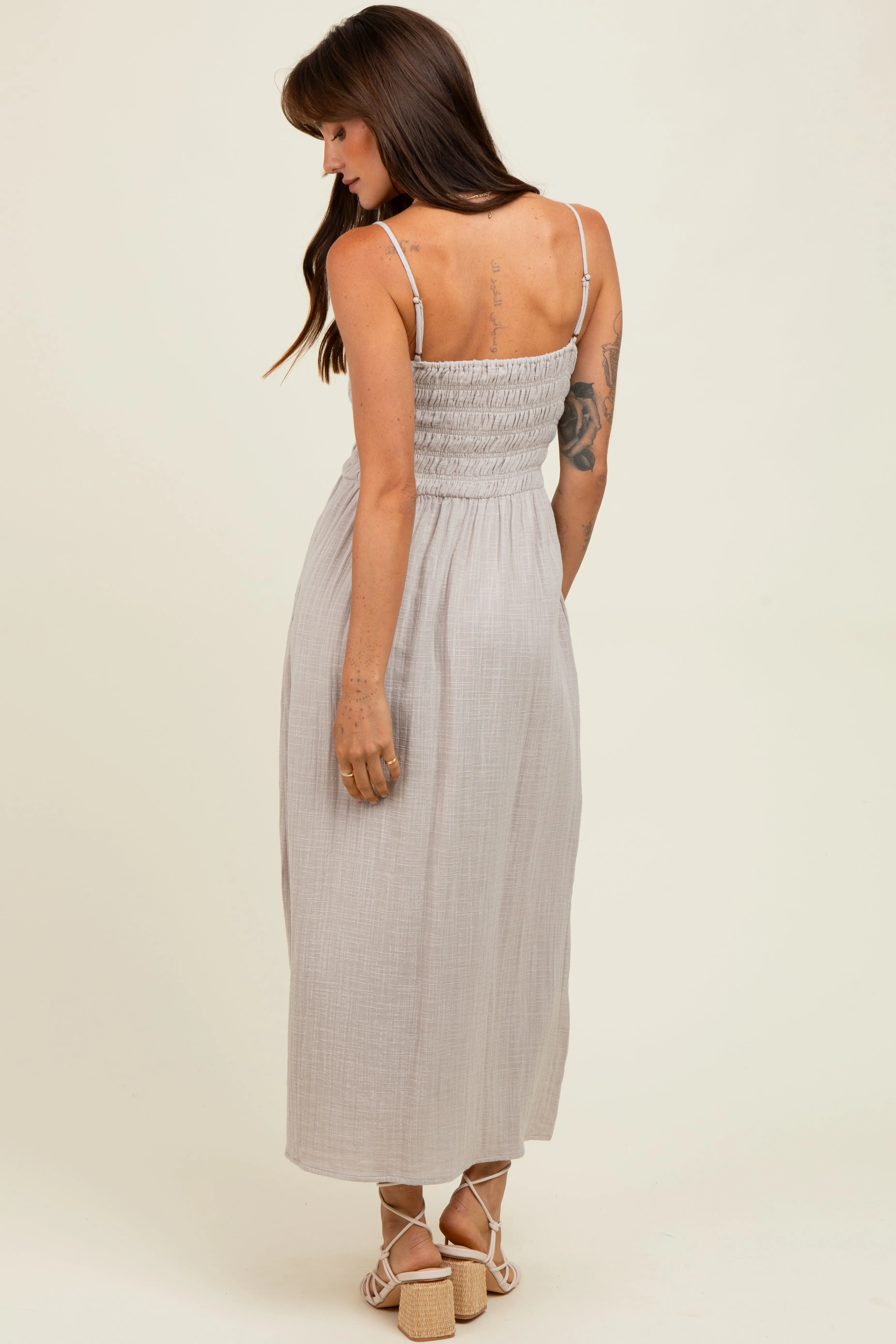Grey Smocked Cotton Gauze Midi Dress sold by Pinkblush product image thumbnail 4