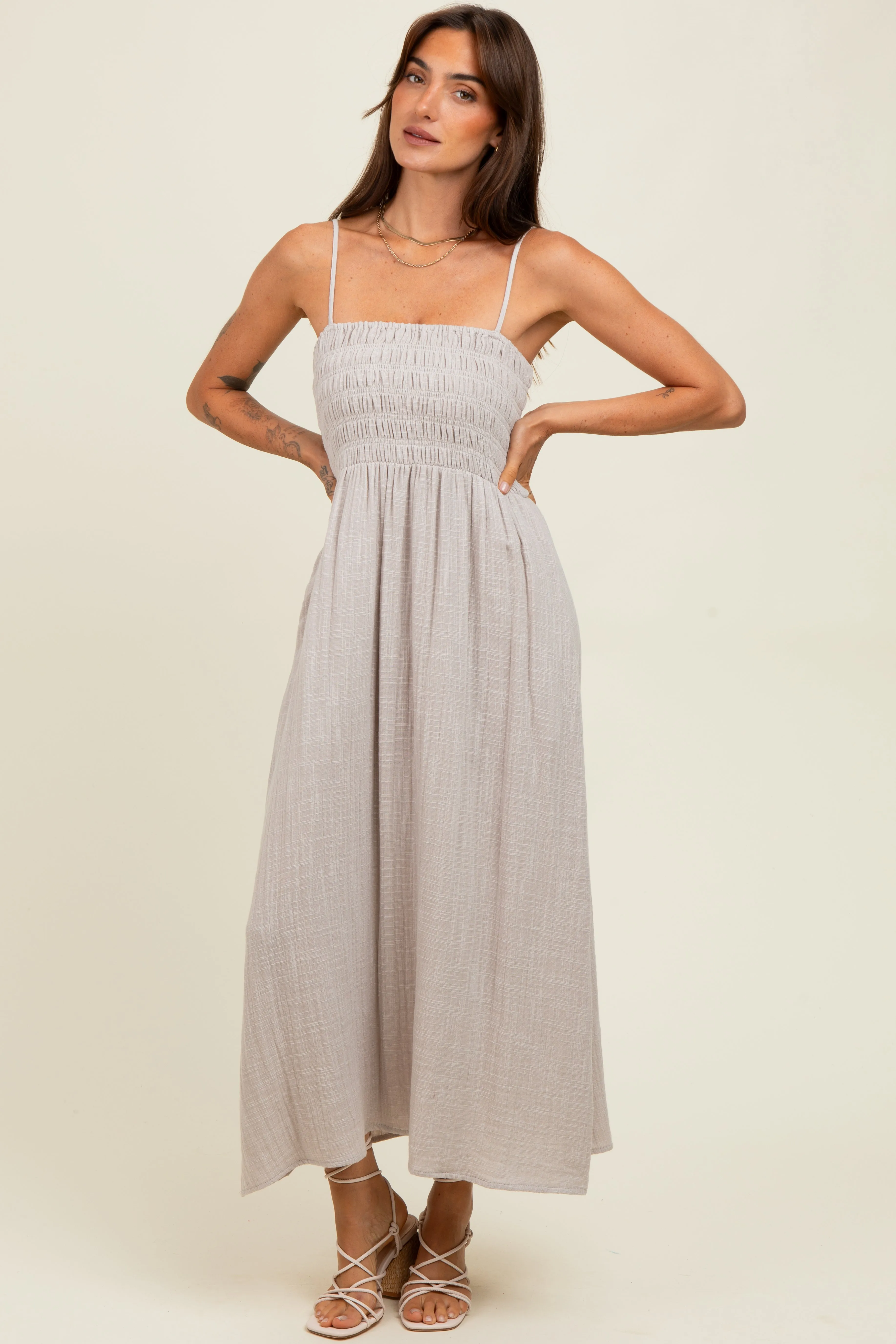 Grey Smocked Cotton Gauze Midi Dress sold by Pinkblush