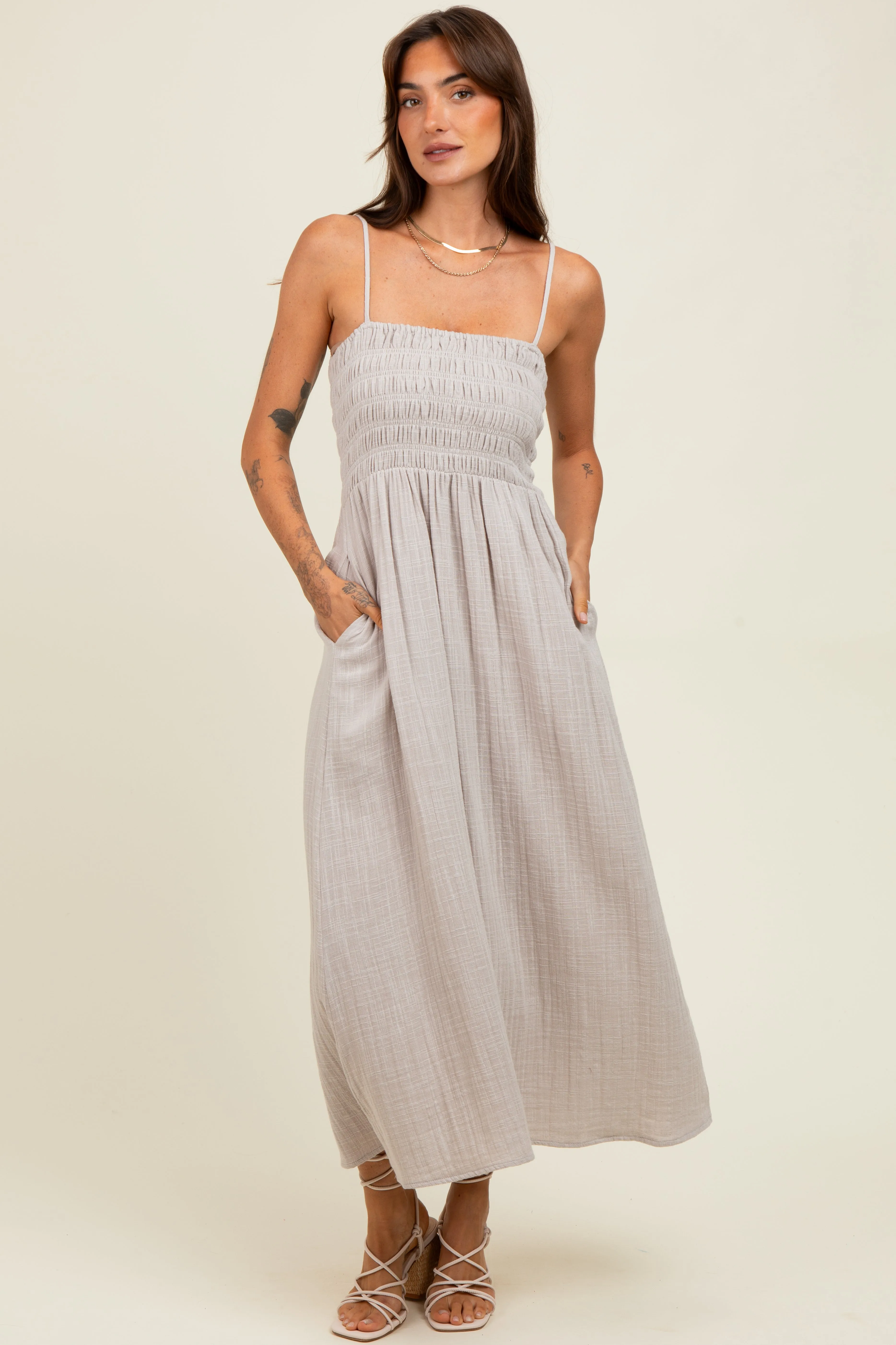 Grey Smocked Cotton Gauze Midi Dress sold by Pinkblush product image thumbnail 2