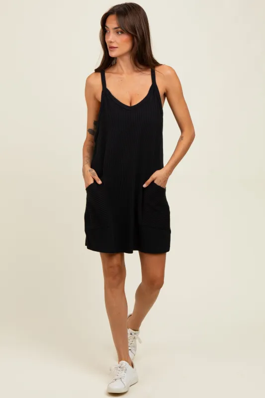 Black Textured Rib Side Pocket Romper Dress sold by Pinkblush