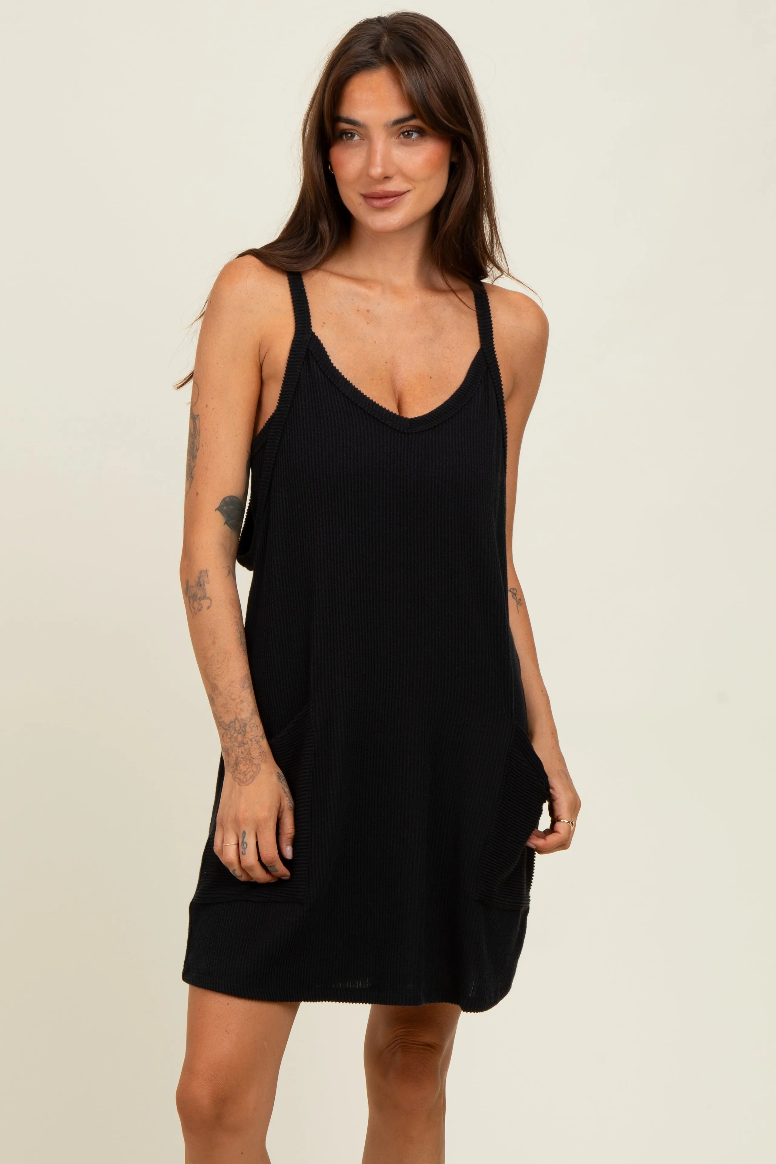 Black Textured Rib Side Pocket Romper Dress sold by Pinkblush product image thumbnail 2