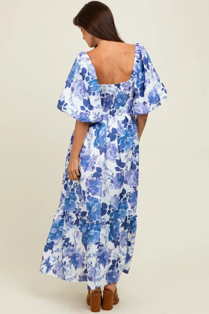 Blue Floral Square Neck Puffed Sleeve Maxi Dress sold by Pinkblush product image thumbnail 4