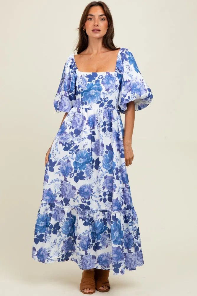 Blue Floral Square Neck Puffed Sleeve Maxi Dress sold by Pinkblush