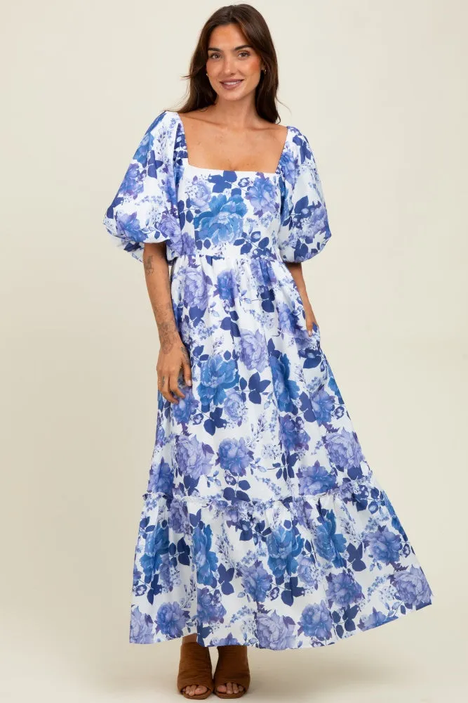 Blue Floral Square Neck Puffed Sleeve Maxi Dress sold by Pinkblush product image thumbnail 2