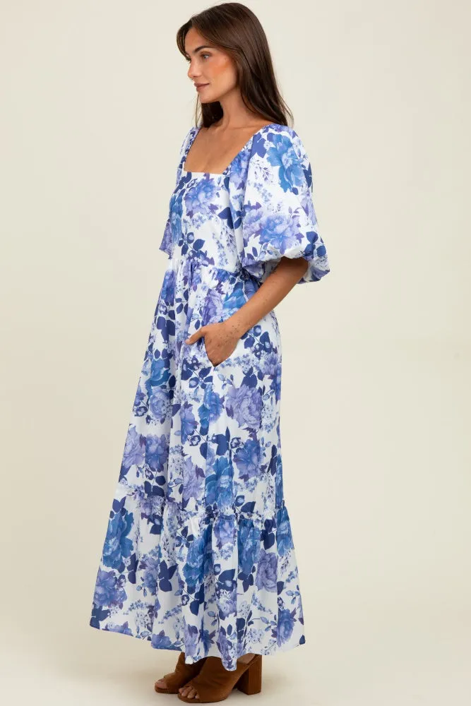 Blue Floral Square Neck Puffed Sleeve Maxi Dress sold by Pinkblush product image thumbnail 3