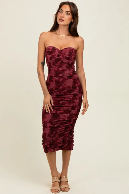 Burgundy Mesh Velvet Strapless Ruched Midi Dress sold by Pinkblush
